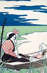Woman fishing from a boat illustration, remixed from artworks by Edward Penfield