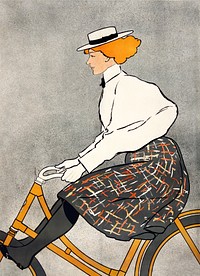 Vintage woman riding a bicycle art print, remixed from artworks by Edward Penfield