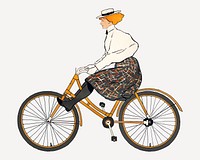 Vintage woman psd riding a bicycle art print, remixed from artworks by Edward Penfield