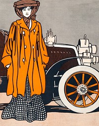 Woman standing beside an automobile, remixed from artworks by Edward Penfield