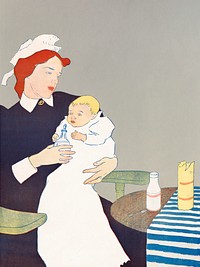 Mother feeding baby illustration, remixed from artworks by Edward Penfield