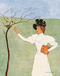 Woman reaching for birds (1894) print in high resolution by Edward Penfield. Original from Library of Congress. Digitally enhanced by rawpixel.