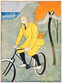 Man riding bicycle (1894) print in high resolution by <a href="https://www.rawpixel.com/search/Edward%20Penfield?sort=curated&amp;page=1&amp;topic_group=_my_topics">Edward Penfield</a>. Original from Library of Congress. Digitally enhanced by rawpixel.