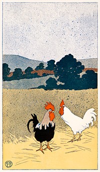 Two roosters in a field (1898) print in high resolution by Edward Penfield. Original from Library of Congress. Digitally enhanced by rawpixel.