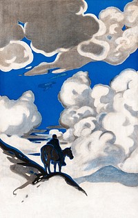 Equestrian on horse with blue sky background, remixed from artworks by Edward Penfield