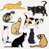 Cat psd art print set, remixed from artworks by Edward Penfield