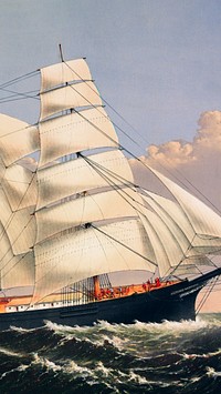 Vintage mobile wallpaper, iPhone background, Clipper Ship Three Brothers painting, remix from the artwork of Currier & Ives