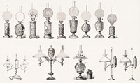 Various designs of student Kerosene and oil lamps by Charles F.A Hinrichs. Original from Library of Congress. Digitally enhanced by rawpixel.