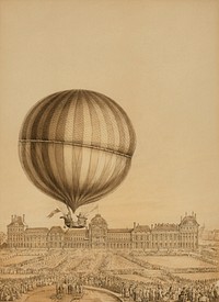 Drawing by an unknown artist, the illustration depicts the first manned gas balloon flight by Jacques Charles and Marie-Noel Robert, ascending from the Tuileries Gardens, Paris, with the Versailles Palace in the background. Original from Library of Congress. Digitally enhanced by rawpixel.