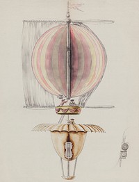 A watercolor drawing, proposed Design for Balloon Utilizin Sails for Propulsion, Paris (1783) by and unknown artist, the illustration shows an innovative air balloon with parachute-style apparatus. Original from Library of Congress. Digitally enhanced by rawpixel.