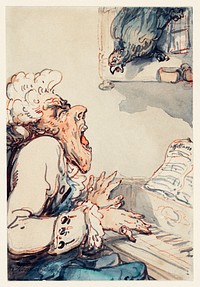 The caricature of an Italian Composer in England by Thomas Rowlandson (1756-1827), a comical caricature of a man playing piano and singing terribly while the parrot sings in the window. Original from Library of Congress. Digitally enhanced by rawpixel.