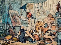 The Chamber of Genius by Thomas Rowlandson (1756-1827), a caricature of a poverty-stricken artist painting at his home with his family in the background. Original from Library of Congress. Digitally enhanced by rawpixel.