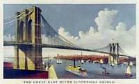 The great east river suspension bridge, connecting the cities of New York and Brooklyn published by Currier &amp; Ives. Original from Library of Congress. Digitally enhanced by rawpixel.