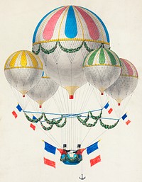 French flag decorated group of air balloons harnessed together, by Leon Benett (1917) or Alphonse-Marie-Adolphe de Neuville (1855). Original from Library of Congress. Digitally enhanced by rawpixel.