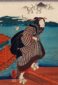 Sanbashi no Onna by <a href="https://www.rawpixel.com/search/utagawa%20kuniyoshi?sort=curated&amp;page=1">Utagawa Kuniyoshi</a> (1753-1806), translated &quot;Young Woman at Sanbashi&quot;, a traditional Japanese ukiyo-e style illustration of young woman wearing geta and kimono walking on a wharf and birds flying overhead. Original from Library of Congress. Digitally enhanced by rawpixel.