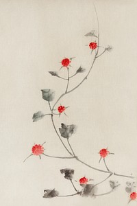 Small Red Blossoms on a Vine by <a href="https://www.rawpixel.com/search/Katsushika%20Hokusai?sort=curated&amp;page=1">Katsushika Hokusai</a> published between 1830 and 1850, an illustration of small red blossoms on a vine isolated. Original from Library of Congress. Digitally enhanced by rawpixel.