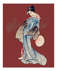 Traditional Japanese Ukyio-e style Japanese woman in Kimono illustration wall art print and poster.
