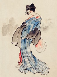 Woman, Full-Length Portrait, Standing, Facing Left, Holding Fan in Right Hand, Wearing Kimono with Check Design by <a href="https://www.rawpixel.com/search/Katsushika%20Hokusai?sort=curated&amp;page=1">Katsushika Hokusai</a> (1760-1849), a traditional Japanese Ukyio-e style illustration of a Japanese woman in kimono. Original from Library of Congress. Digitally enhanced by rawpixel.