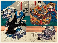 Sato Norikiyo Nyudo Saigo Yoshinaka by <a href="https://www.rawpixel.com/search/utagawa%20kuniyoshi?sort=curated&amp;page=1">Utagawa Kuniyoshi</a> (1753-1806), a traditional Japanese ukiyo-e style diptych illustration of a traditional Japanese man role, Sato Norikiyo, fighting off men who try to stop him to become Saigyo, a Japanese priest.