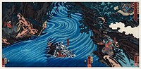 Gentoku Uma o Odorashite Tankei o Koeru zu by <a href="https://www.rawpixel.com/search/utagawa%20kuniyoshi?sort=curated&amp;page=1">Utagawa Kuniyoshi</a> (1798-1861), a woodcut triptychs of the warlord &ldquo;Liu Bei (Xuande)&rdquo; crossing the Caoqi River on horseback. Original from Library of Congress. Digitally enhanced by rawpixel.