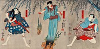Doguya Jinza Hokaibo Bokon Shimobe Gunsuke by <a href="https://www.rawpixel.com/search/utagawa%20kuniyoshi?sort=curated&amp;page=1">Utagawa Kuniyoshi</a> (1798-1861), a woodcut triptychs of the traditional Japanese play with three actors, two male with sword ready to strike the bloody woman, the evil spirit. Original from Library of Congress. Digitally enhanced by rawpixel.