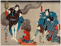 Oyone Magoshichi Taheiji by <a href="https://www.rawpixel.com/search/utagawa%20kuniyoshi?sort=curated&amp;page=1">Utagawa Kuniyoshi</a> (1798-1861), a woodcut diptychs of the traditional Japanese play with three actors, two male with sword, one protecting a woman and one intimidating them. Original from Library of Congress. Digitally enhanced by rawpixel.