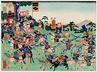 Kawanakajima no Kassen by <a href="https://www.rawpixel.com/search/utagawa%20kuniyoshi?sort=curated&amp;page=1">Utagawa Kuniyoshi</a> (1798-1861), a woodcut diptych of battle at Kawanakajima, showing two armies of cavalry in a battle with swordsmen and archers on horseback. Original from Library of Congress. Digitally enhanced by rawpixel.