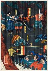 Soga no Adauchi by <a href="https://www.rawpixel.com/search/Utagawa%20Yoshikazu?sort=curated&amp;page=1">Utagawa Yoshikazu</a> (1848-1863), a traditional Japanese ukiyo-e style diptych of a scene from a Soga kabuki play, Soga brothers and warriors fighting. Original from Library of Congress. Digitally enhanced by rawpixel.