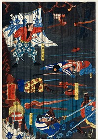 Soga no Adauchi by <a href="https://www.rawpixel.com/search/Utagawa%20Yoshikazu?sort=curated&amp;page=1">Utagawa Yoshikazu</a> (1848-1863), a traditional Japanese ukiyo-e style diptych of a scene from a Soga kabuki play, Soga brothers and warriors fighting. Original from Library of Congress. Digitally enhanced by rawpixel.