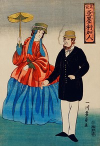Shosha-Amerikajin by <a href="https://www.rawpixel.com/search/Utagawa%20Yoshikazu?sort=curated&amp;page=1">Utagawa Yoshikazu</a> (1848-1863), a traditional Japanese illustration of a Japanese print showing an American couple, a woman holding a parasol and a man smoking a cigar. Original from Library of Congress. Digitally enhanced by rawpixel.