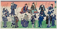 A part of a lithographic triptych, Chotto Hitokuchi Hauta no Ateburi by Toyohara Kunichika (1835-1900), a traditional Japanese Ukyio-e style illustration of men dancing and singing holding a fan. Original from Library of Congress. Digitally enhanced by rawpixel.