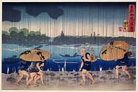 &ldquo;People Walking Beneath Umbrellas Along the Seashore During a Rainstorm&rdquo; by <a href="https://www.rawpixel.com/search/utagawa%20kuniyoshi?sort=curated&amp;page=1">Utagawa Kuniyoshi</a> (1798-1861), a woodcut illustrations of rural people traveling while raining. Original from Library of Congress. Digitally enhanced by rawpixel.
