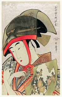 Yoshiwara Suzume by <a href="https://www.rawpixel.com/search/Utamaro%20Kitagawa?sort=curated&amp;page=1">Utamaro Kitagawa</a> (1753-1806), a print of a traditional Japanese woman holding a fan wearing a traditional transparent hat. Original from Library of Congress. Digitally enhanced by rawpixel.