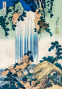 Yoro Waterfall in Mino Province by <a href="https://www.rawpixel.com/search/Katsushika%20Hokusai?sort=curated&amp;page=1">Katsushika Hokusai</a> (1760-1849) a traditional Japanese Ukyio-e style illustration of two travellers looking at a waterfall and some travelers resting at the side. Original from Library of Congress. Digitally enhanced by rawpixel.