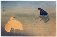 U to Shirasagi by <a href="https://www.rawpixel.com/search/Utamaro%20Kitagawa?sort=curated&amp;page=1">Utamaro Kitagawa</a> (1753-1806), a traditional Japanese ukiyo-e style illustration of a cormorant catching fish and two white herons. Original from Library of Congress. Digitally enhanced by rawpixel.