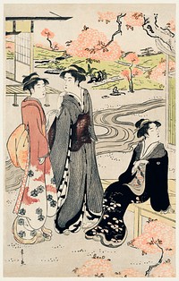 Nina no Hanami by <a href="https://www.rawpixel.com/search/Eishi%20Hosoda?sort=curated&amp;page=1">Eishi Hosoda</a> (1756-1829), a traditional Japanese Ukyio-e style illustration of a Japanese women in kimono viewing cherry blossoms in a traditional garden. Original from Library of Congress. Digitally enhanced by rawpixel.