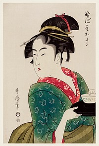 Naniwaya Okita by <a href="https://www.rawpixel.com/search/Utamaro%20Kitagawa?sort=curated&amp;page=1">Utamaro Kitagawa</a> (1753-1806), a print of a traditional Japanese woman serving in a teahouse, carrying a tray of bowl. Original from Library of Congress. Digitally enhanced by rawpixel.