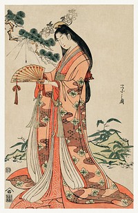 Sotoori Hime by Eishi Hosoda (1756-1829), a traditional Japanese Ukyio-e style illustration of a traditional Japanese princess, Sotoori princess catching a spider with a fan. Original from Library of Congress. Digitally enhanced by rawpixel.