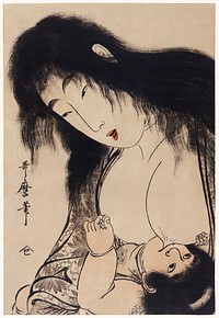 Yamauba no Chichi o Suh Kintaro by <a href="https://www.rawpixel.com/search/Utamaro%20Kitagawa?sort=curated&amp;page=1">Utamaro Kitagawa</a> (1753-1806), a print of a traditional Japanese mother, Yamauba, breastfeeding her infant son, Kintaro. Original from Library of Congress. Digitally enhanced by rawpixel.