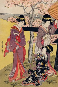 Gotenyama no Hanami Hidari by <a href="https://www.rawpixel.com/search/Utamaro%20Kitagawa?sort=curated&amp;page=1">Utamaro Kitagawa</a> (1753-1806), a print of a traditional Japanese women in an outing viewing cherry blossoms at Gotenyama. Original from Library of Congress. Digitally enhanced by rawpixel.