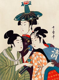 Three Young Men or Women by <a href="https://www.rawpixel.com/search/Utamaro%20Kitagawa?sort=curated&amp;page=1">Utamaro Kitagawa</a> (1753-1806), an ambiguous print of three traditional Japanese women or men dressed with colorful clothings in different styles. Original from Library of Congress. Digitally enhanced by rawpixel.
