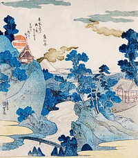 Fuji no Yukei by <a href="https://www.rawpixel.com/search/utagawa%20kuniyoshi?sort=curated&amp;page=1">Utagawa Kuniyoshi</a> (1798-1861), translated An Evening View of Fuji, a traditional Japanese ukiyo-e style illustration of the stream of Asazawa in spring with view of Mount Fuji from the hot springs at Hakone. Original from Library of Congress. Digitally enhanced by rawpixel.