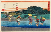Fujieda by <a href="https://www.rawpixel.com/search/Ando%20Hiroshige?sort=curated&amp;page=1">Ando Hiroshige</a> (1797-1858), an illustration of travelers crossing a stream by carrying a person or a bundle on their backs in a rural area with mountains and a village in the background. Original from Library of Congress. Digitally enhanced by rawpixel.