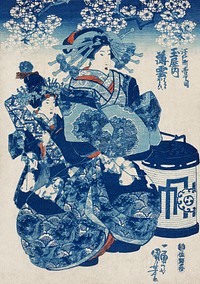 Tamaya uchi Usugumo by <a href="https://www.rawpixel.com/search/utagawa%20kuniyoshi?sort=curated&amp;page=1">Utagawa Kuniyoshi</a> (1753-1806), translated The Courtesan Hanao of Ogi-ya, a traditional Japanese ukiyo-e style illustration of a well-dressed courtesan woman with elaborate hair ornaments sitting with an attendant. Original from Library of Congress. Digitally enhanced by rawpixel.