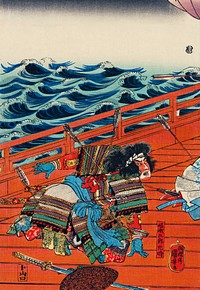Saga Goro Mitsutoki by <a href="https://www.rawpixel.com/search/utagawa%20kuniyoshi?sort=curated&amp;page=1">Utagawa </a><a href="https://www.rawpixel.com/search/utagawa%20kuniyoshi?sort=curated&amp;page=1">Kuniyoshi</a> (1753-1806), a traditional Japanese ukiyo-e style illustration of a traditional Japanese warrior in battle with arrows sticking out of his armor.