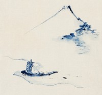 A Person in a Small Boat on a River with Mount Fuji in the Background by <a href="https://www.rawpixel.com/search/Katsushika%20Hokusai?sort=curated&amp;page=1">Katsushika Hokusai</a> published between 1830 and 1850. Original from Library of Congress. Digitally enhanced by rawpixel.