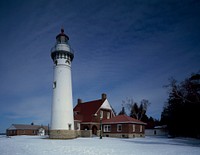 Seul Choix Point Lighthouse on MIchigan&#39;s upper peninsula helps guide boaters through the dangerous Straits of Macinaw. Gulliver, MIchigan (1980-2006) by <a href="https://www.rawpixel.com/search/carol%20m.%20highsmith?sort=curated&amp;page=1">Carol M. Highsmith</a>. Original image from Library of Congress. Digitally enhanced by rawpixel.