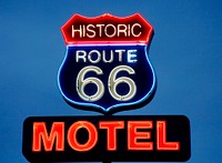 Historic Route 66 Motel sign, Kingman, Arizona. Original image from <a href="https://www.rawpixel.com/search/carol%20m.%20highsmith?sort=curated&amp;page=1">Carol M. Highsmith</a>&rsquo;s America, Library of Congress collection. Digitally enhanced by rawpixel