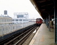 New York subway train arrives at a station in Brooklyn. Original image from <a href="https://www.rawpixel.com/search/carol%20m.%20highsmith?sort=curated&amp;page=1">Carol M. Highsmith</a>&rsquo;s America, Library of Congress collection. Digitally enhanced by rawpixel.