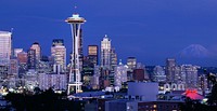 A Dusk View of the Seattle Skyline. Original image from <a href="https://www.rawpixel.com/search/carol%20m.%20highsmith?sort=curated&amp;page=1">Carol M. Highsmith</a>&rsquo;s America, Library of Congress collection. Digitally enhanced by rawpixel.
